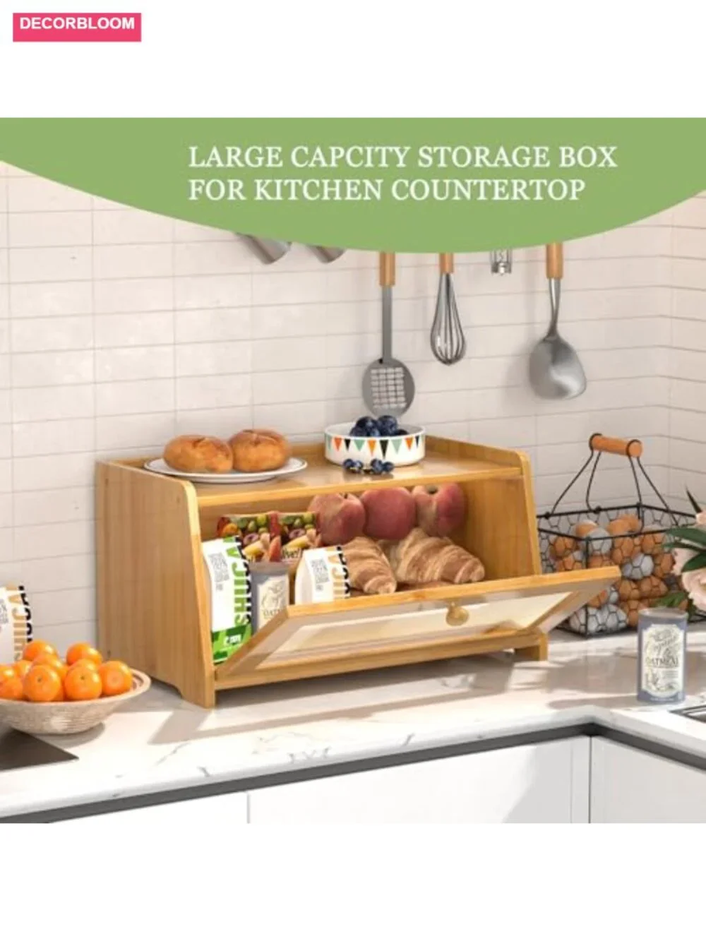 Bamboo Bread Box with Acrylic Window, Vintage Kitchen Countertop Storage,